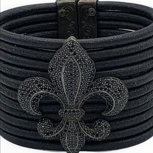 $7️⃣5️⃣0️⃣SCOTT KAY 925 Sterling Fleur-de-Lis Black Spinel Leather Bracelet